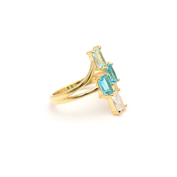Emerald Cut Aqua CZ Gemstone Ring 18k Gold/925 SS - Picture 2 of 4